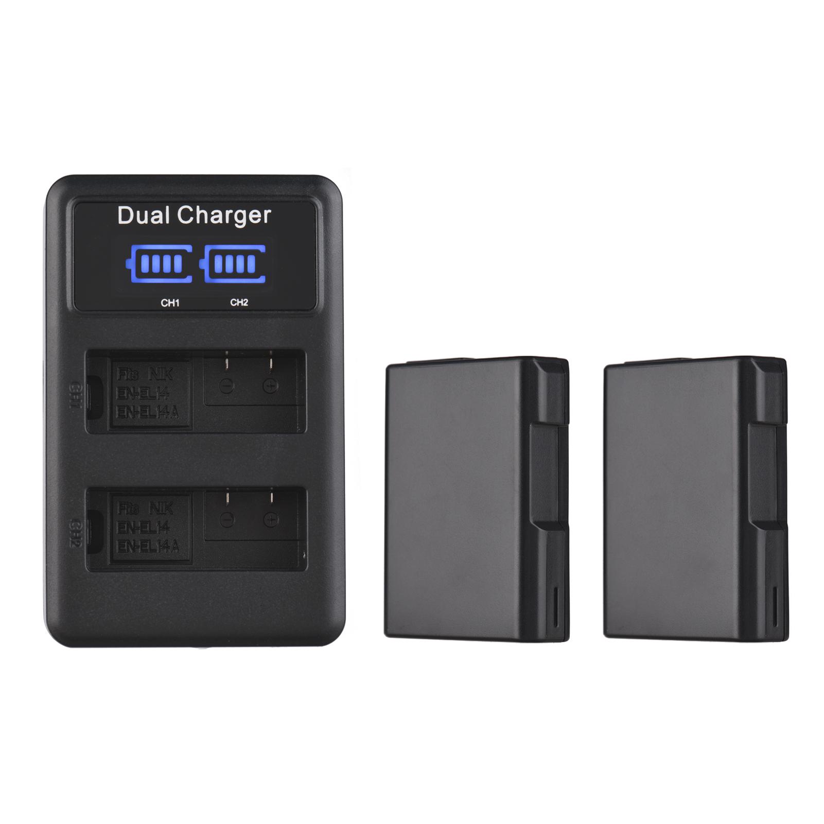 EN-EL14 Battery & Charger Kit 2pcs 7.4V 1500mAh Battery + 1pc Dual Channel Battery Charger LED Screen Display for Nikon