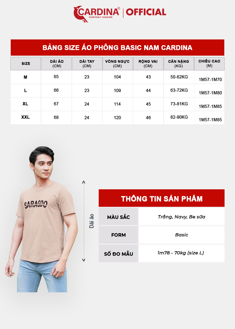 Áo Phông Nam CARDINA Chất Cotton Cao Cấp In Chữ Saragdo Áo Cổ Tròn Thoáng Mát 3ATM04