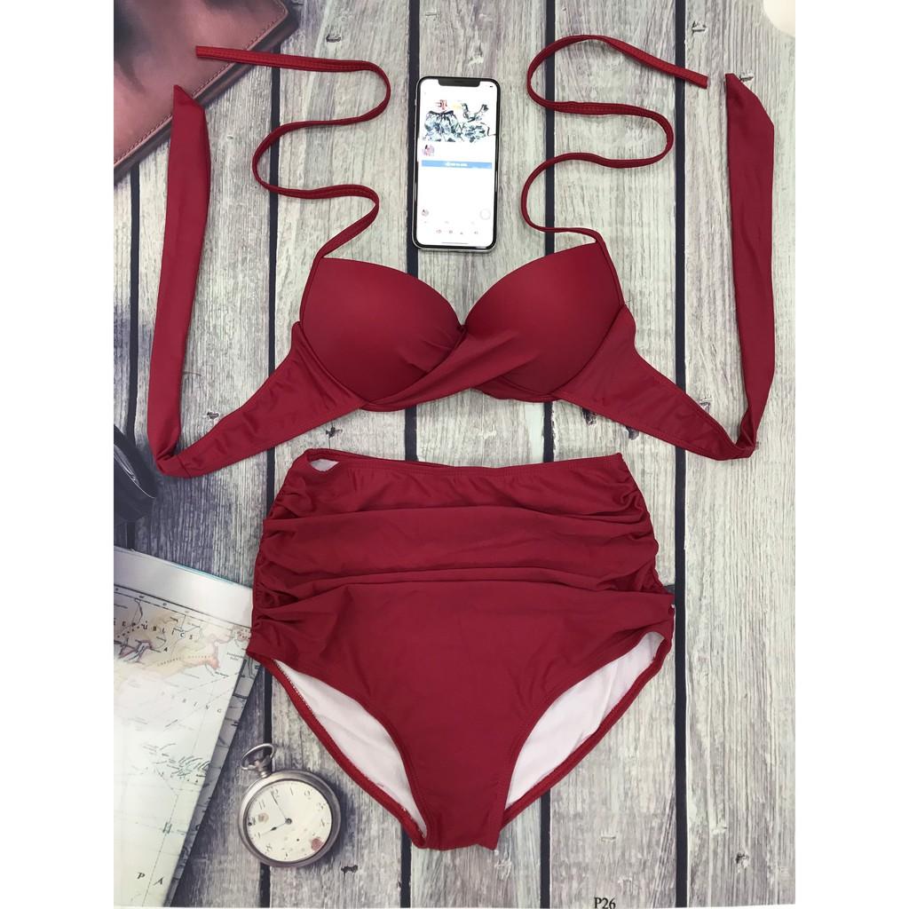 Bikini - Bộ bơi áo gọng không nơ, quần cạp cao (nhiều màu) - Che khuyết điểm và tôn dáng