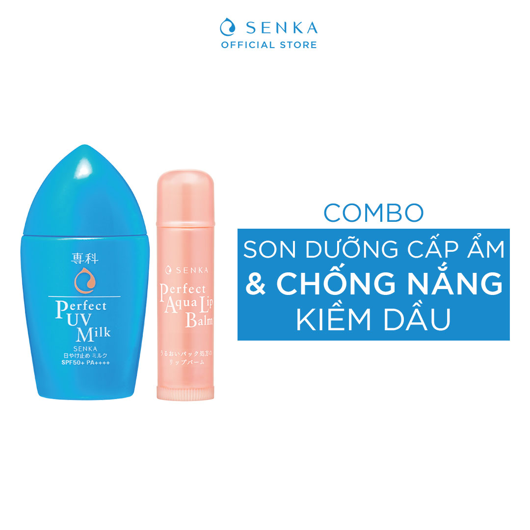 Combo Chống nắng kiềm dầu &amp; Son dưỡng môi Senka (Kem chống nắng UV milk 40ml + Lip Balm 4.5g)