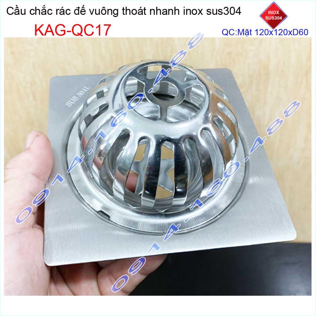 Cầu chắn rác đế vuông 12x12cm D60 KAG-QC17, Phễu thoát nước sân thượng SUS304 ống 6cm thoát nhanh chắn rác tốt