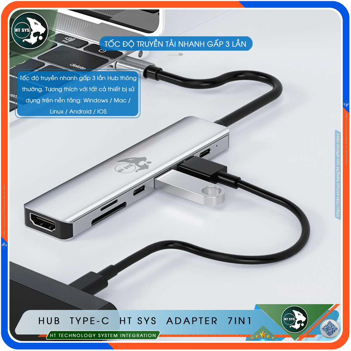 Hub Type C To HDMI HT SYS 7in1 Chuẩn HDTV - Hub Chuyển Đổi USB Type-C 7 Cổng - HDMI 4K, USB 3.0, USB-C, Sạc Nhanh Type C PD, Khe Đọc Thẻ SD/TF - Kết Nối Tốc Độ Cao - Dành Cho MacBook, Tivi, Laptop, PC, Máy Tính Bảng, Smartphone – Hàng Chính Hãng