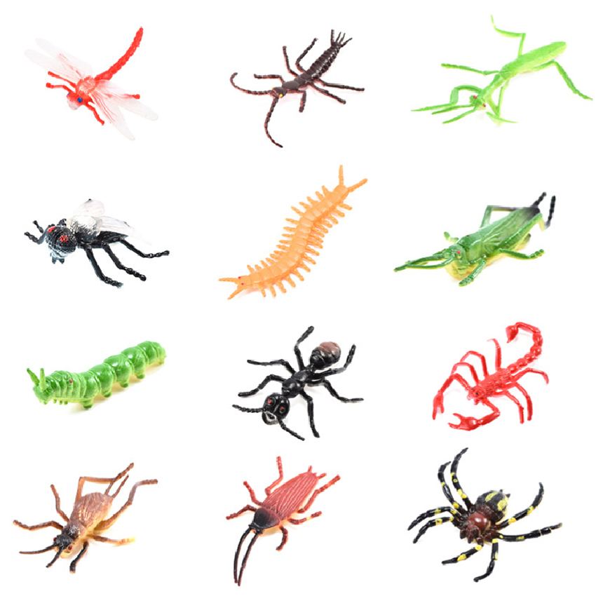 Bộ 12 mô hình Đồ Chơi Côn Trùng giả New4all cho bé bằng cao su mềm, Bọ ngựa Nhện Sâu Kiến Ruồi Rết Châu Chấu Ruồi Dế
