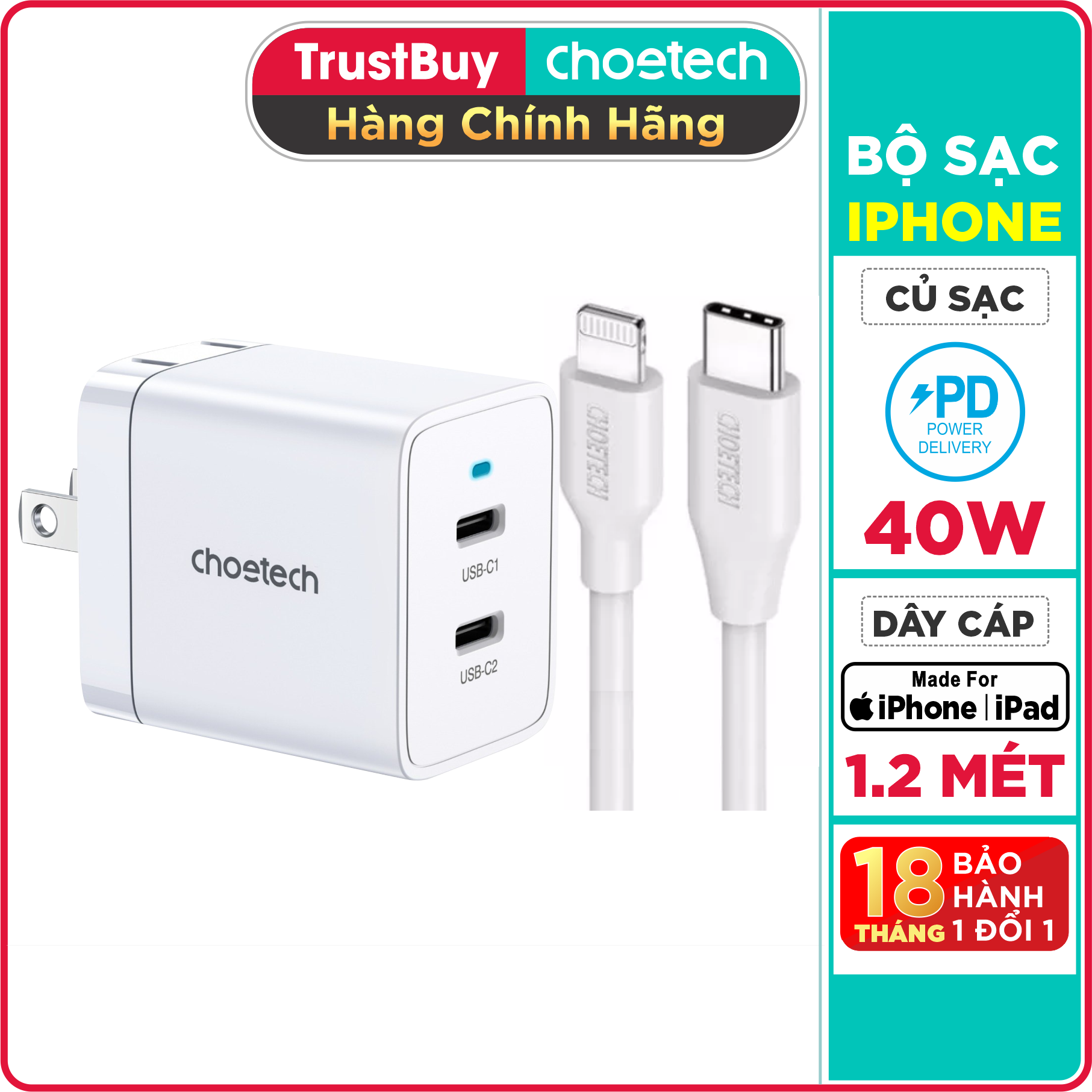 Bộ Củ Sạc Nhanh Cho iPhone iPad CHOETECH Q5006 40W 2 Cổng Type-C 20W Và Dây Cáp Type-C to Lightning CHOETECH IP0040 Chứng Nhận MFI Dài 1.2M - Hàng Chính Hãng