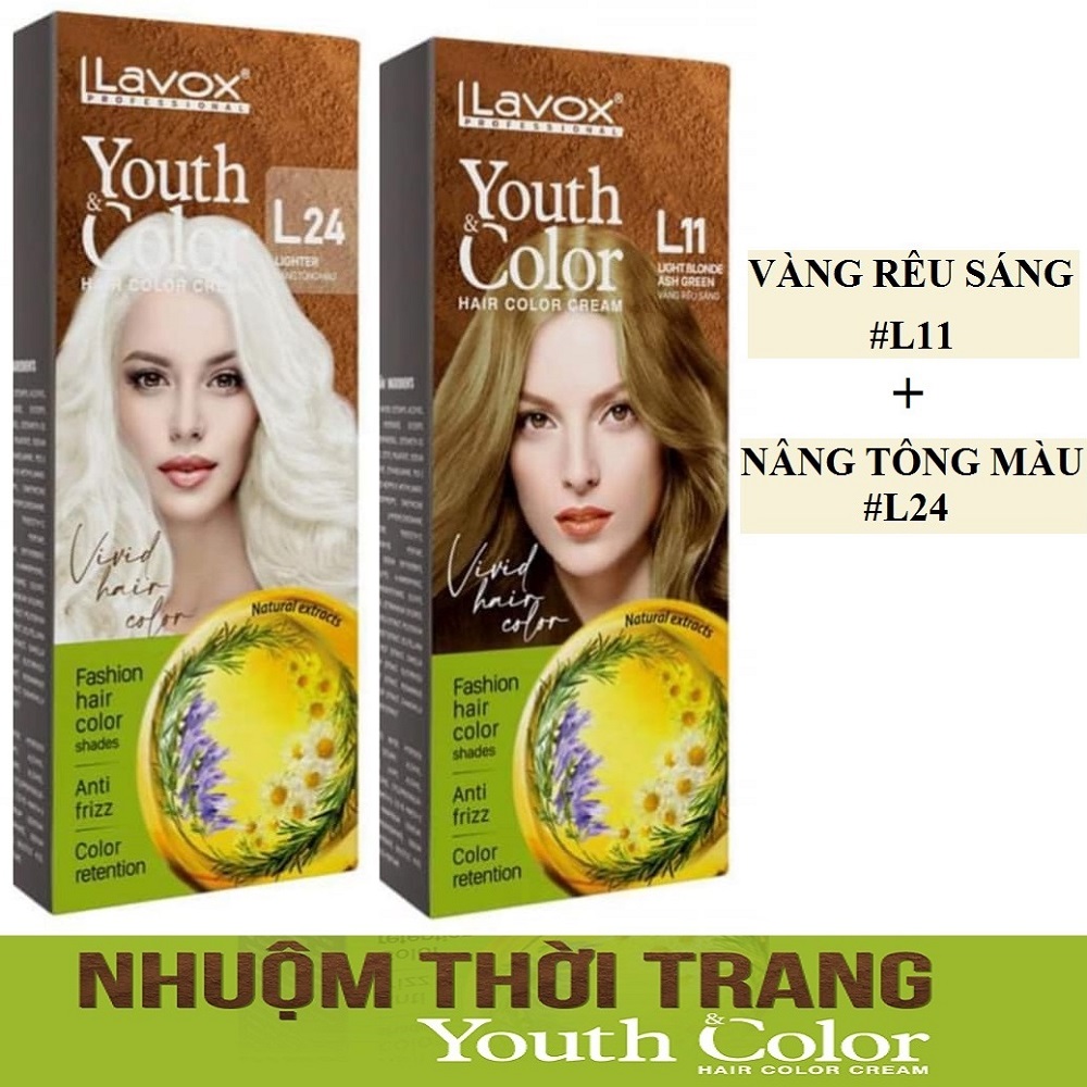 Vàng Rêu Sáng - Combo 2 Kem Nhuộm Tóc Màu Thời Trang Lavox Youth&amp;Color L11 Vàng Rêu Sáng + L24 Nâng Tông Màu (Sử Dụng Màu L24 Để Nâng Tông Màu Tóc Trước Khi Nhuộm Màu Nhuộm L11 Vàng Rêu Sáng )