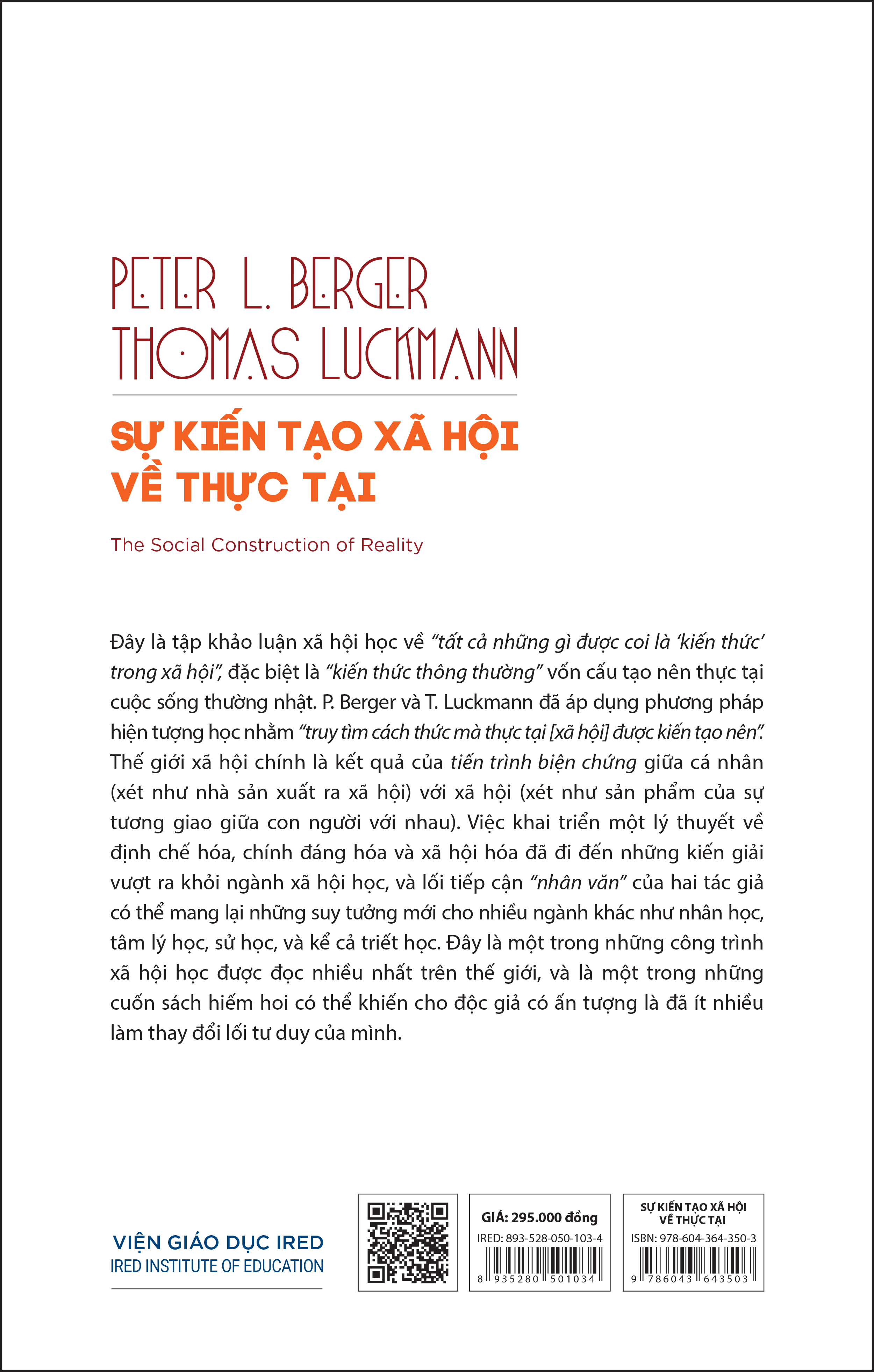 Hình ảnh SỰ KIẾN TẠO XÃ HỘI VỀ THỰC TẠI (The Social Construction of Reality) - Peter L. Berger & Thomas Luckmann - Trần Hữu Quang - (bìa cứng)