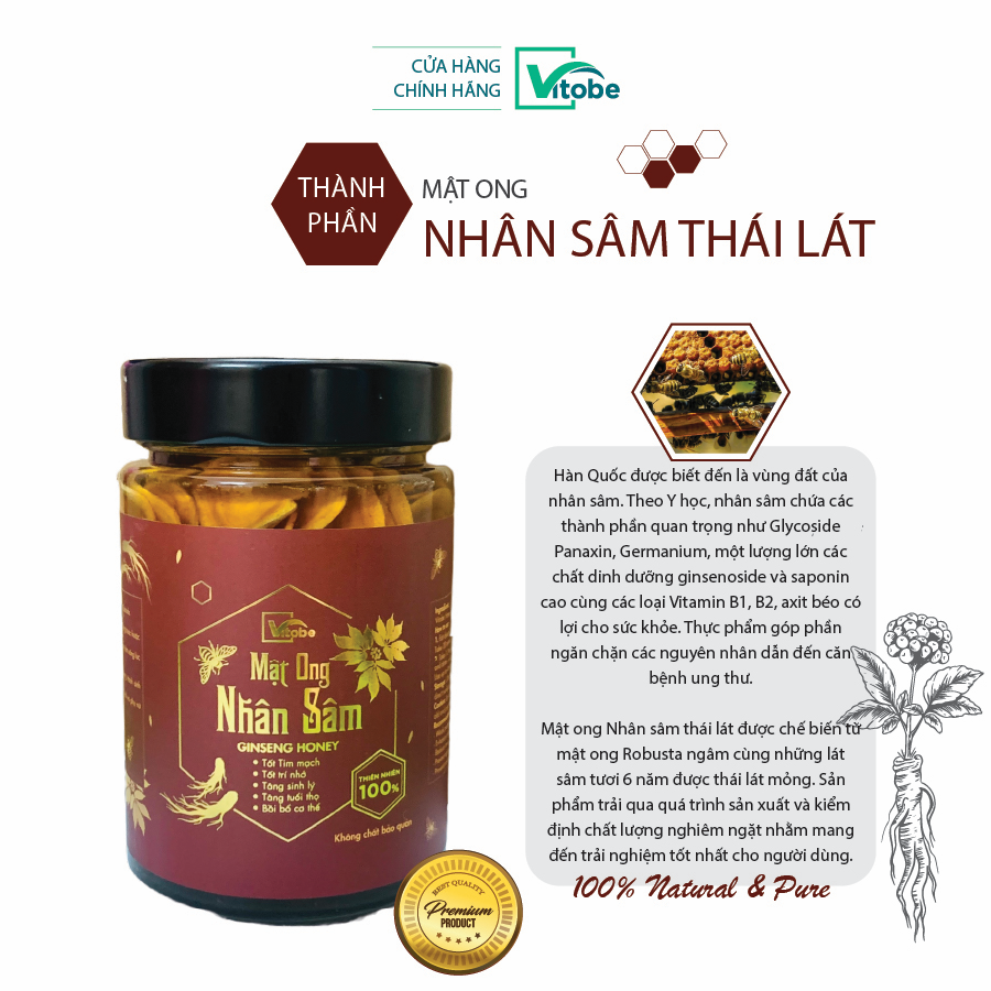 Mật Ong Nhân Sâm Vitobe (Sâm tươi) (560gr) - Hữu cơ 100% (TẶNG Mật ong thiên nhiên 360g + Cây gỗ lấy mật ong)