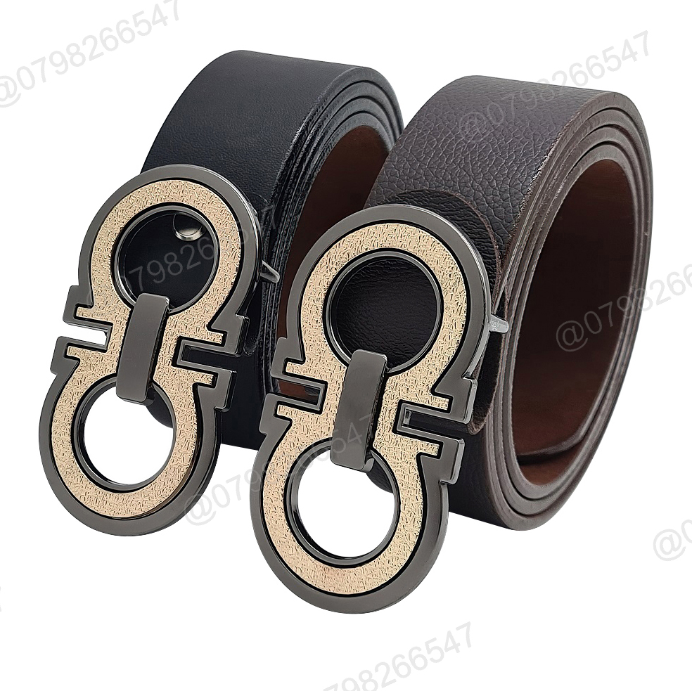 Thắt lưng da nam giả da DHM-361 Đầu khóa búp chữ A đôi vàng viền xám Bảo hành 12 tháng - Nâu - 1m1