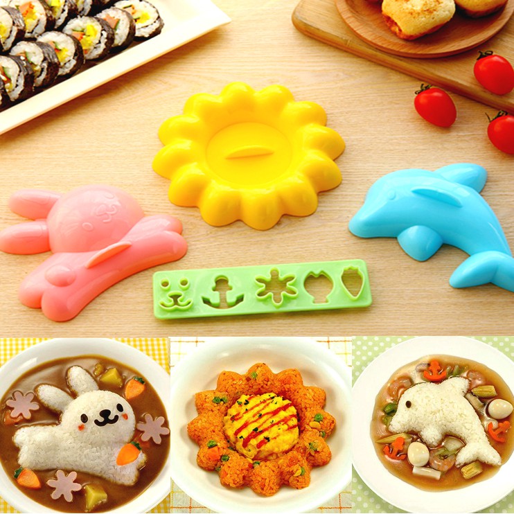 Combo 4 khuôn ép cơm bento hình cá heo, hoa, thỏ cho bé ăn dặm HT667