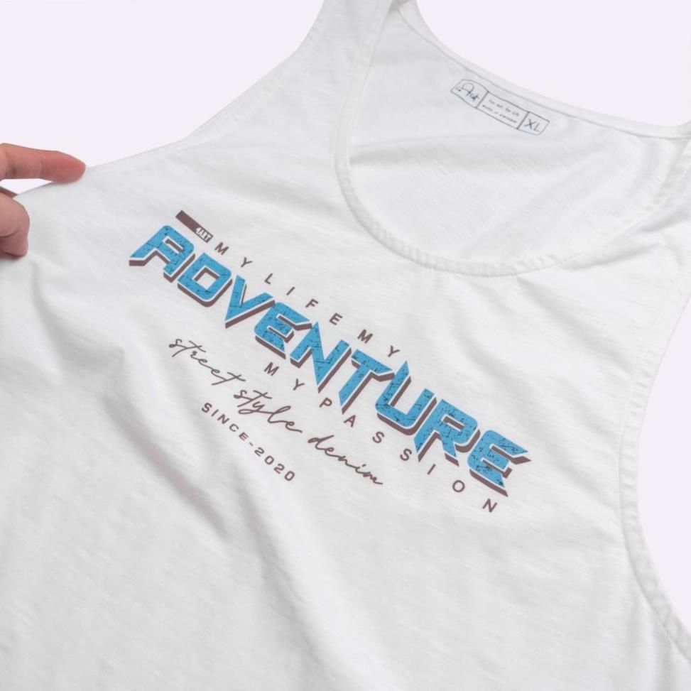 Áo Ba Lỗ Nam In Chữ ADVENTURE Sát Nách Vải Thun Thể Thao Thoáng Mát Co Giãn Thấm Hút Mồ Hôi