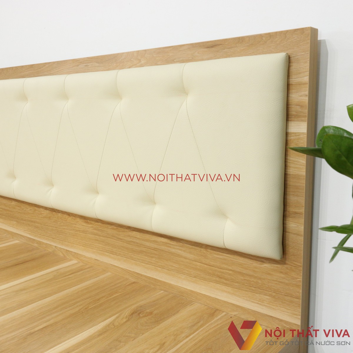 Giường Ngủ Gỗ MDF Melamine Vân Gỗ Vàng Sọc Có Hộc Kéo + Đầu Nệm Kem Đẹp