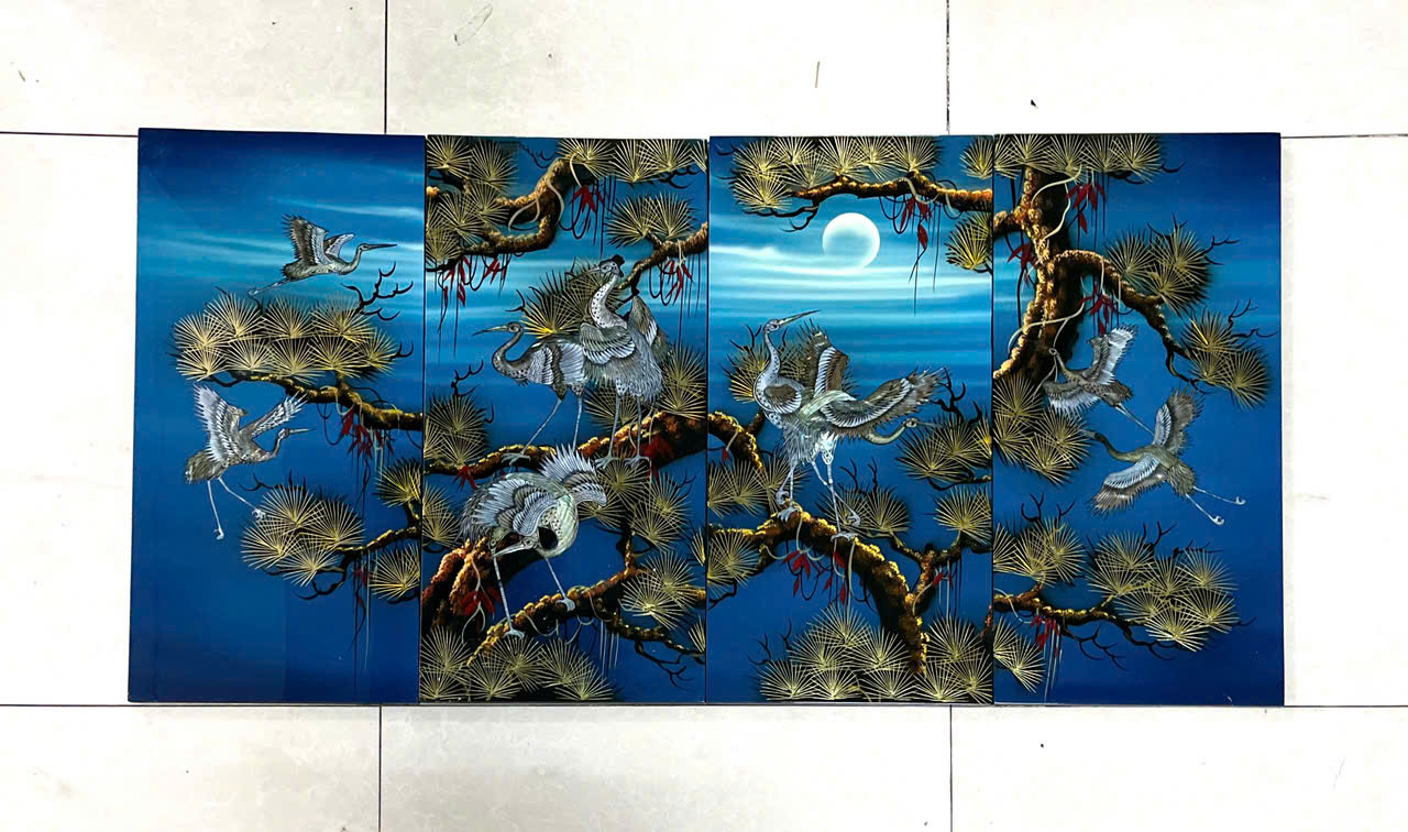 Bộ Tranh sơn mài 4 tấm- TÙNG HẠC DIÊN NIÊN - Khảm cừ size 60x120 cm / hàng cao cấp , xuất khẩu