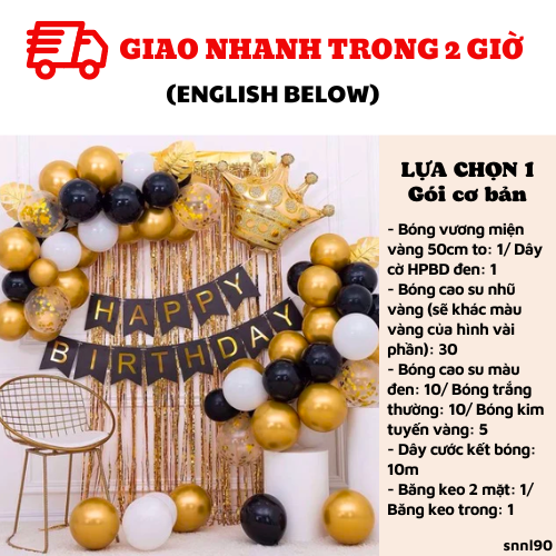Bộ bong bóng trang trí sinh nhật cho người lớn màu vàng đen snnl90