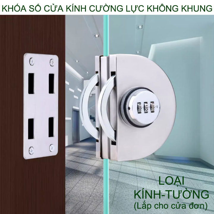 Khóa số cửa kính cường lực không khung bằng inox 304, khóa ngoài, chốt vặn trong