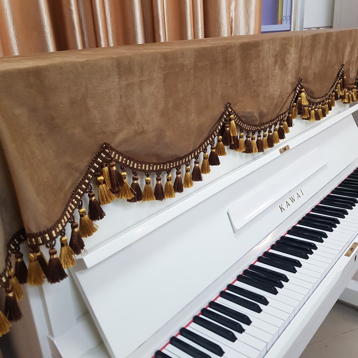 Khăn Phủ đàn Piano nhung nâu cao cấp tua rua sang trọng