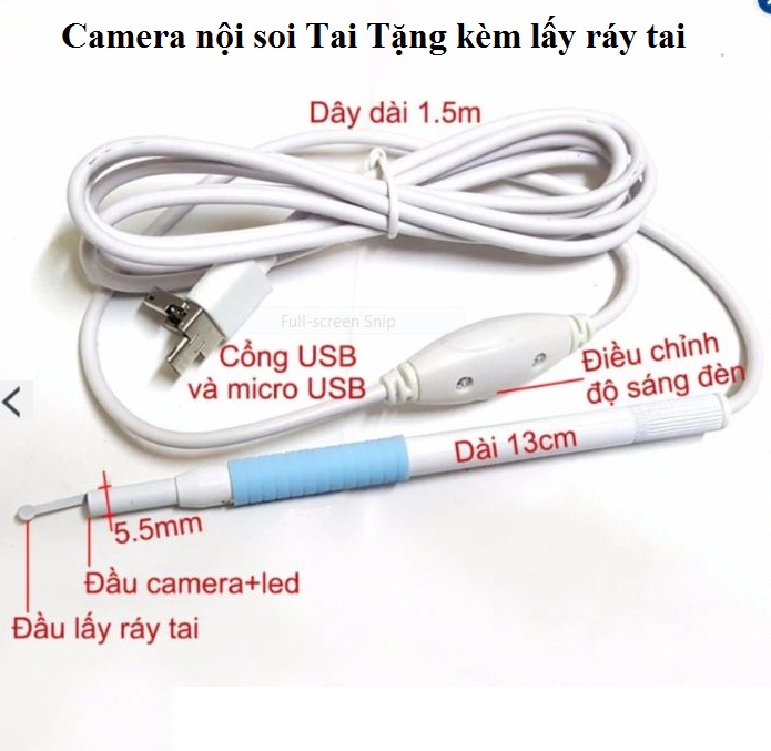 Camera nội soi tai 3 in 1 đầu 5.5mm Tăng kèm phụ kiện lấy ráy tai dùng cho mọi máy tính/điện thoại androi