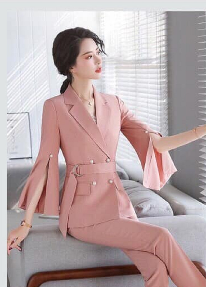 Set bộ vest công sở dáng dài tay xẻ duyên dáng
