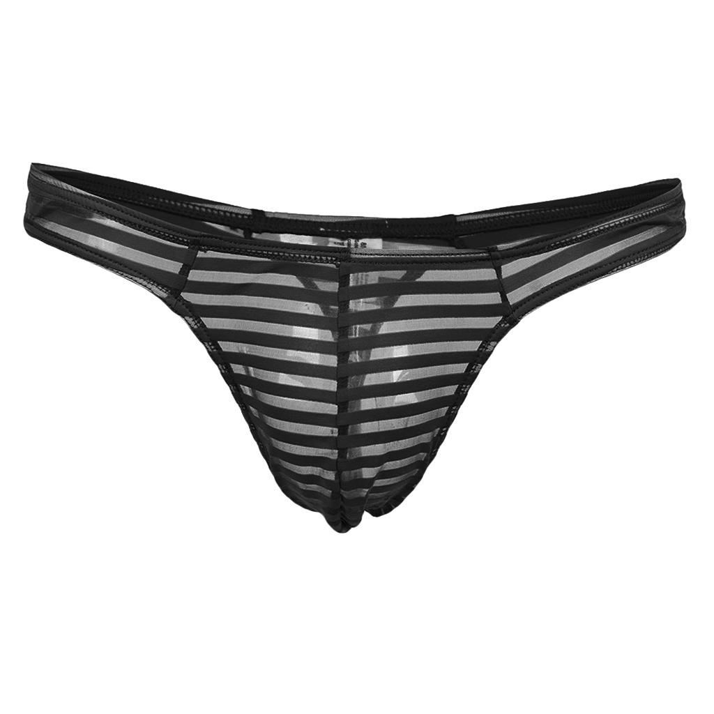 Men's Sheer Mesh Striped Panties Pouch Thong Low Waist Underpants Brief T-back Underwear