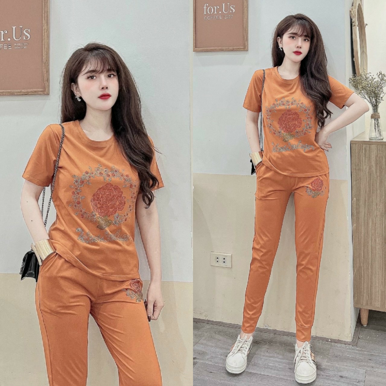Đồ bộ thun cotton đính đá cườm hoa hồng sang trọng