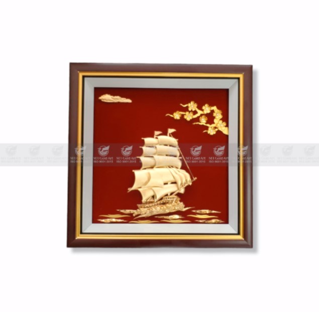 Tranh thuyền buồm hoa mai dát vàng 30x30cm MT Gold Art- Hàng chính hãng, trang trí nhà cửa, phòng làm việc, quà tặng sếp, đối tác, khách hàng, tân gia, khai trương
