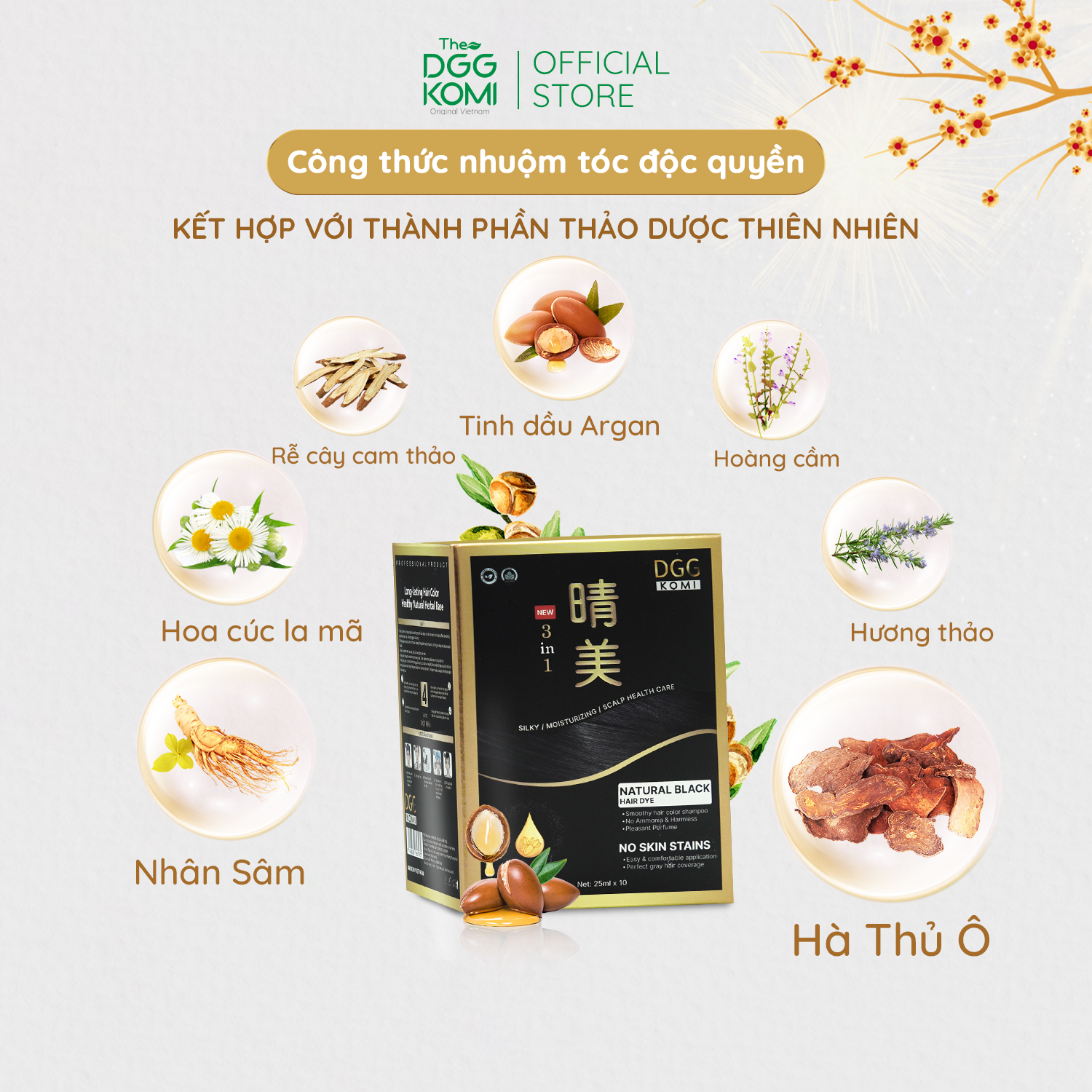 Combo 3 gói dầu gội nhuộm tóc thảo dược DGG KOMI Việt Nam lên màu chuẩn salon chiết xuất thiên nhiên dung tích 25ml/1gói