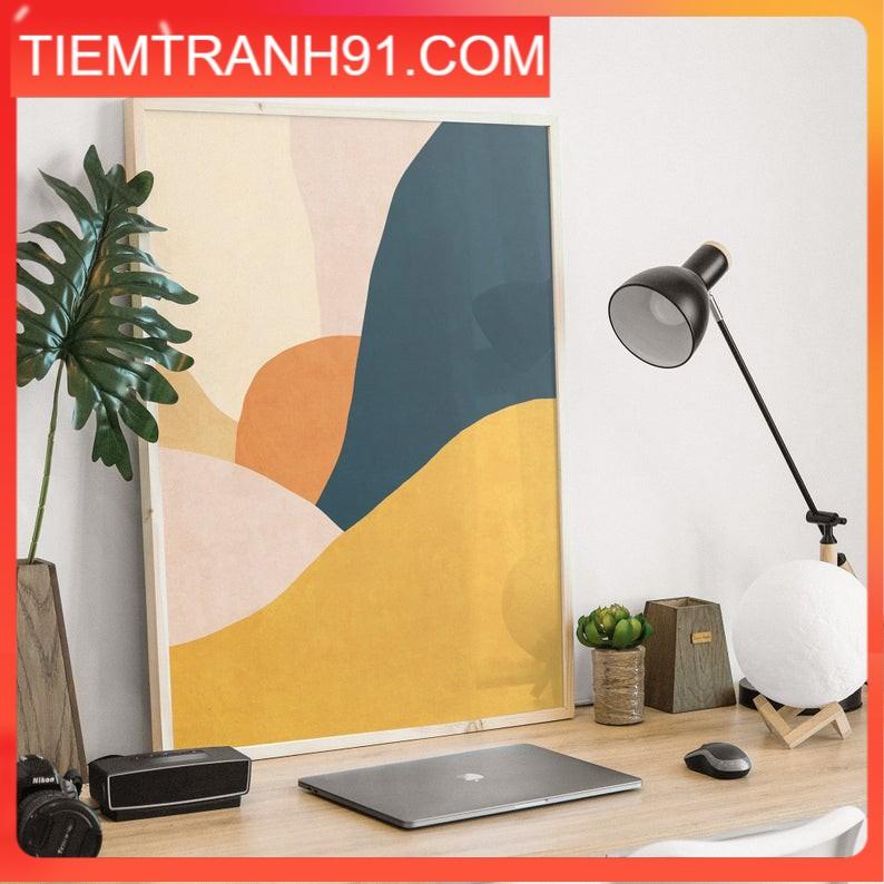 Tranh treo tường | Phong cảnh bình minh trừu tượng, phong cảnh núi màu đất son &amp; xanh, áp phích đương đại