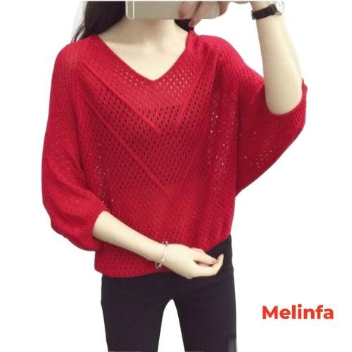 Áo len nữ mỏng cổ V cánh dơi dập lỗ len dệt kim mềm mịn co giãn mặc mùa hè mã VAA0315