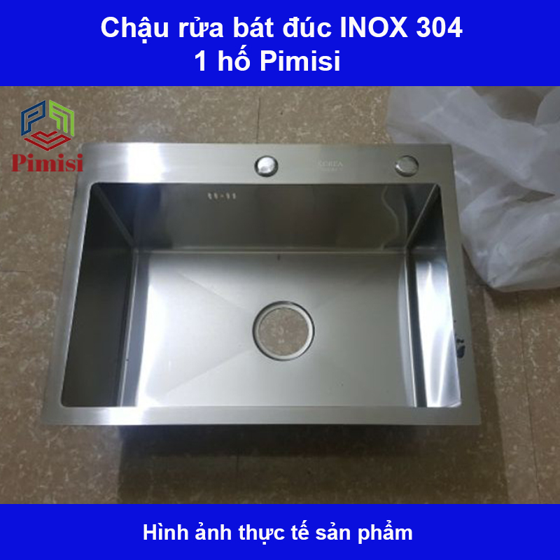 Chậu rửa bát inox 304 đơn 1 hố đúc Pimisi kích thước 6045-4540 cm đầy đủ xi phông loại to và kèm rổ đựng đồ dùng để rửa chén bát gắn được cả âm bàn đá | Hàng chính hãng