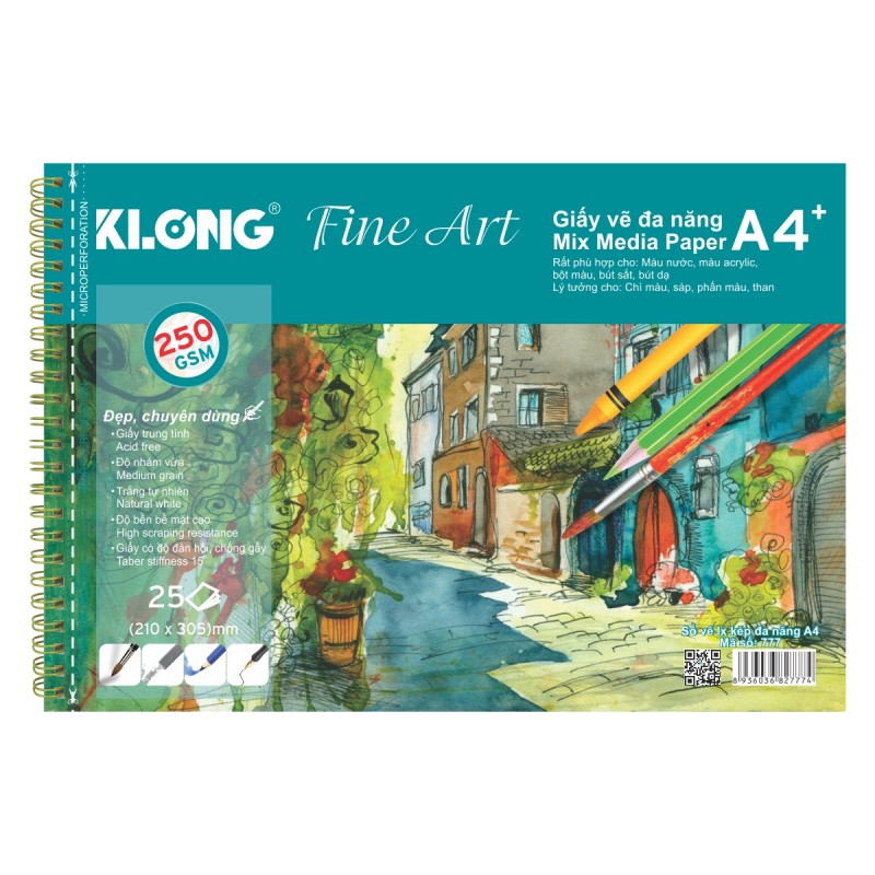 Sổ vẽ KLONG A4+ cao cấp lò xo kép xé 250GSM 25 tờ KL777