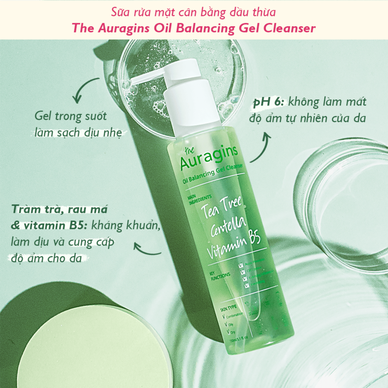 Combo Gel Rửa Mặt Làm Sạch Sâu Cho Da Dầu Mụn The Auragins Và Gel Dưỡng Ẩm Ngừa Mụn, Giảm Thâm
