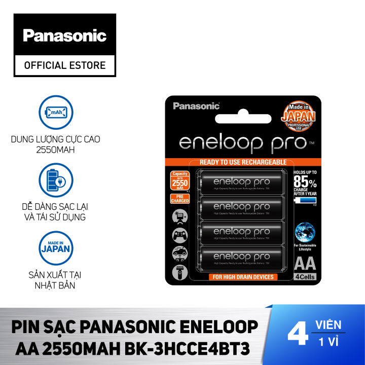 Pin sạc Panasonic Eneloop AA 2550mah BK-3HCCE4BT3 (Vỉ 4 viên) (Đen) - Hàng chính hãng
