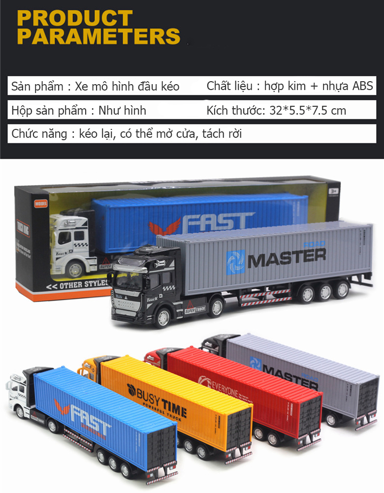 Xe mô hình đầu kéo container vận chuyển KAVY NO.8807 đầu hợp kim tỷ lệ 1:48 - nhiều màu