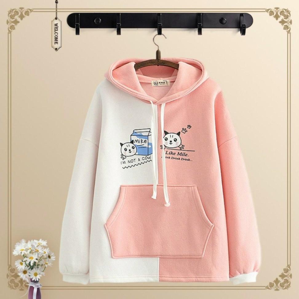 Áo Khoác Nỉ Hoodie 2 Màu Hình Mèo Phối Túi Áo Nỉ Dài Tay Cho Nữ Freesize Dưới 60 Kg