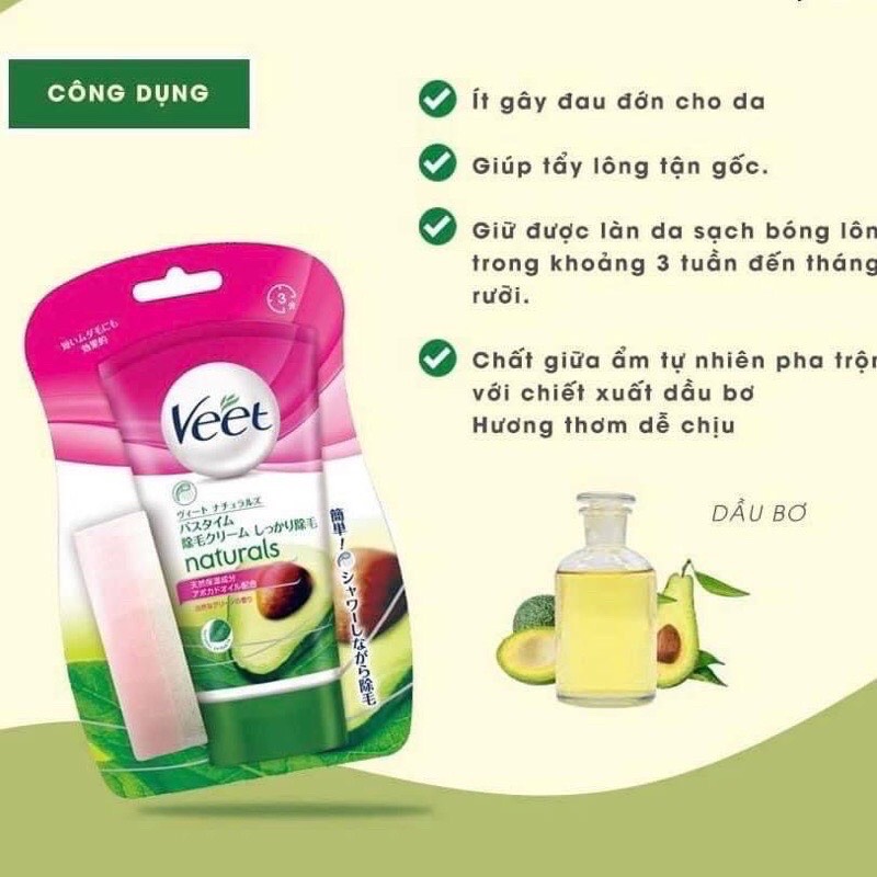 Kem Tẩy Lông Veet Nhật Bản 150G Naturals Bơ Nho Tẩy Lông Nách, Tay, Chân (Tặng kèm bọt biển)