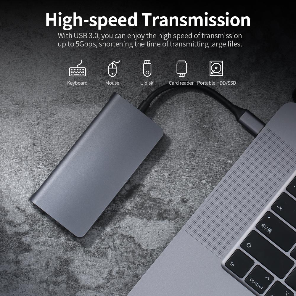 Bộ chuyển đổi 8 trong 1 Type-C Hub Type-C sang 4K @ 30Hz HD với cổng Ethernet / USB 3.0 / 87W PD Sạc nhanh / Hỗ trợ thẻ TF&SD