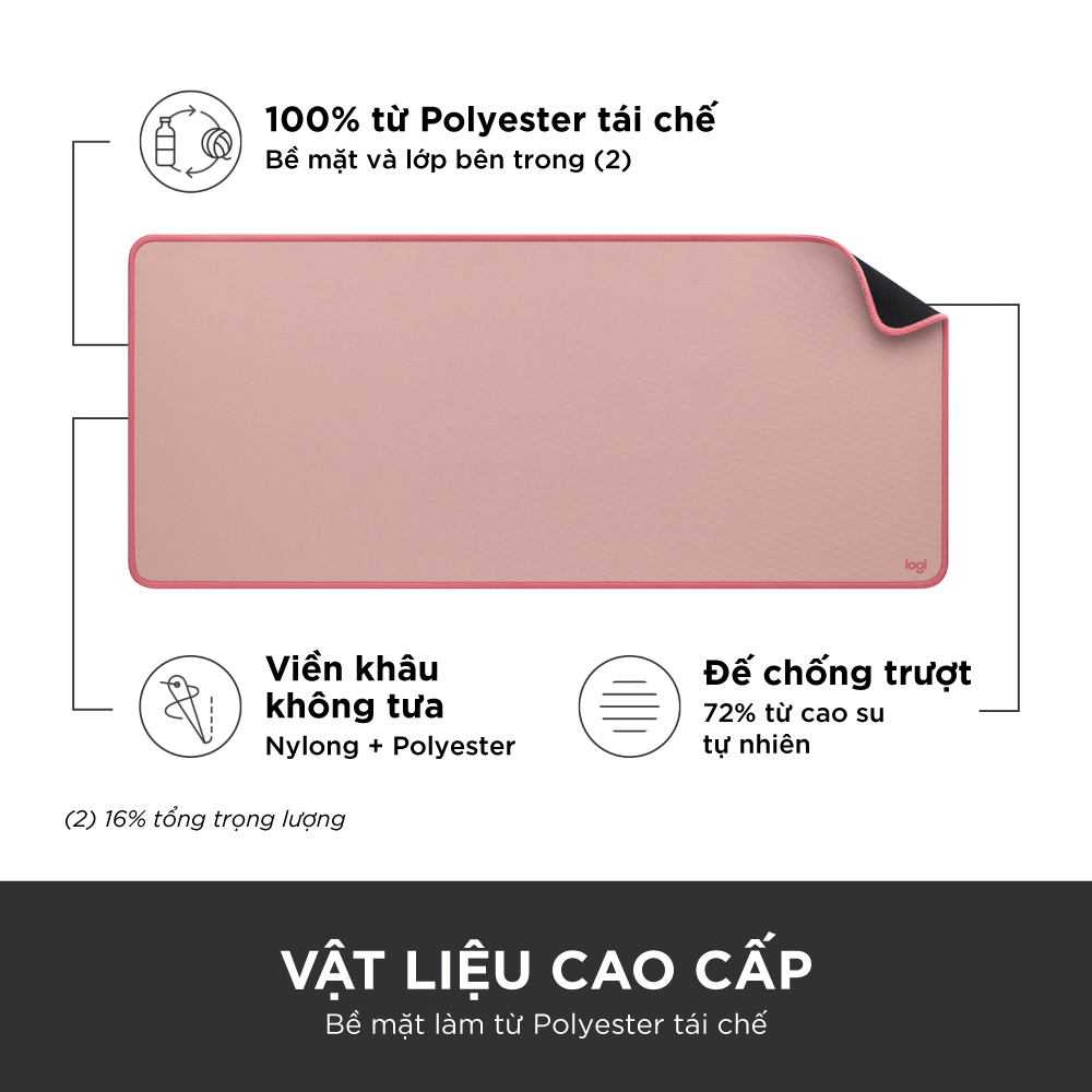 Bàn di chuột cỡ lớn Logitech Desk Mat - Đế cao su chống trượt, lướt dễ dàng, bề mặt chống đổ tràn, bền bỉ, nhỏ gọn - Màu