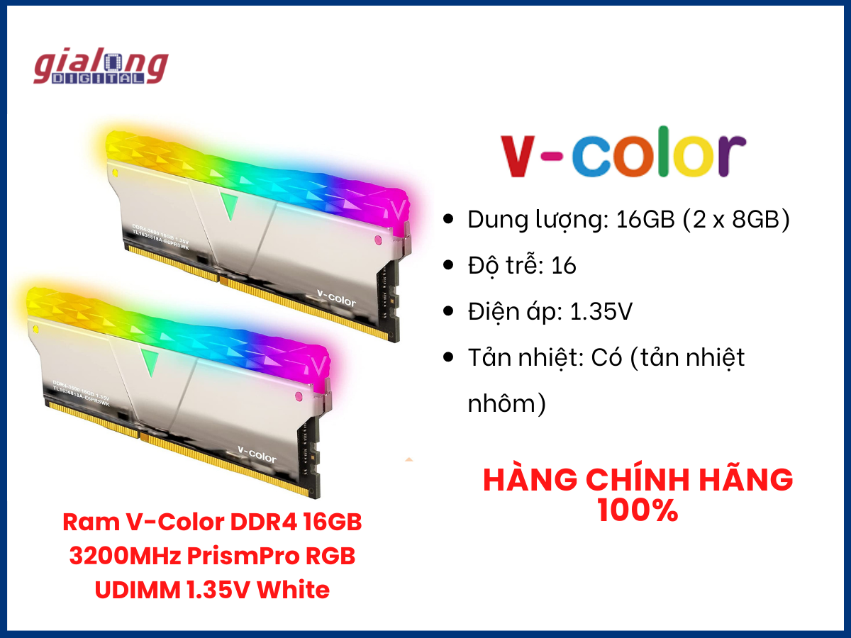 Ram V-Color DDR4 16GB 3200MHz PrismPro RGB UDIMM 1.35V White - Hàng chính hãng