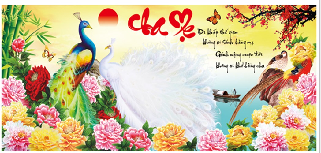 Tranh đính đá cha mẹ chim công hoa mẫu đơn LV086 - 106 x 50 cm - chưa đính