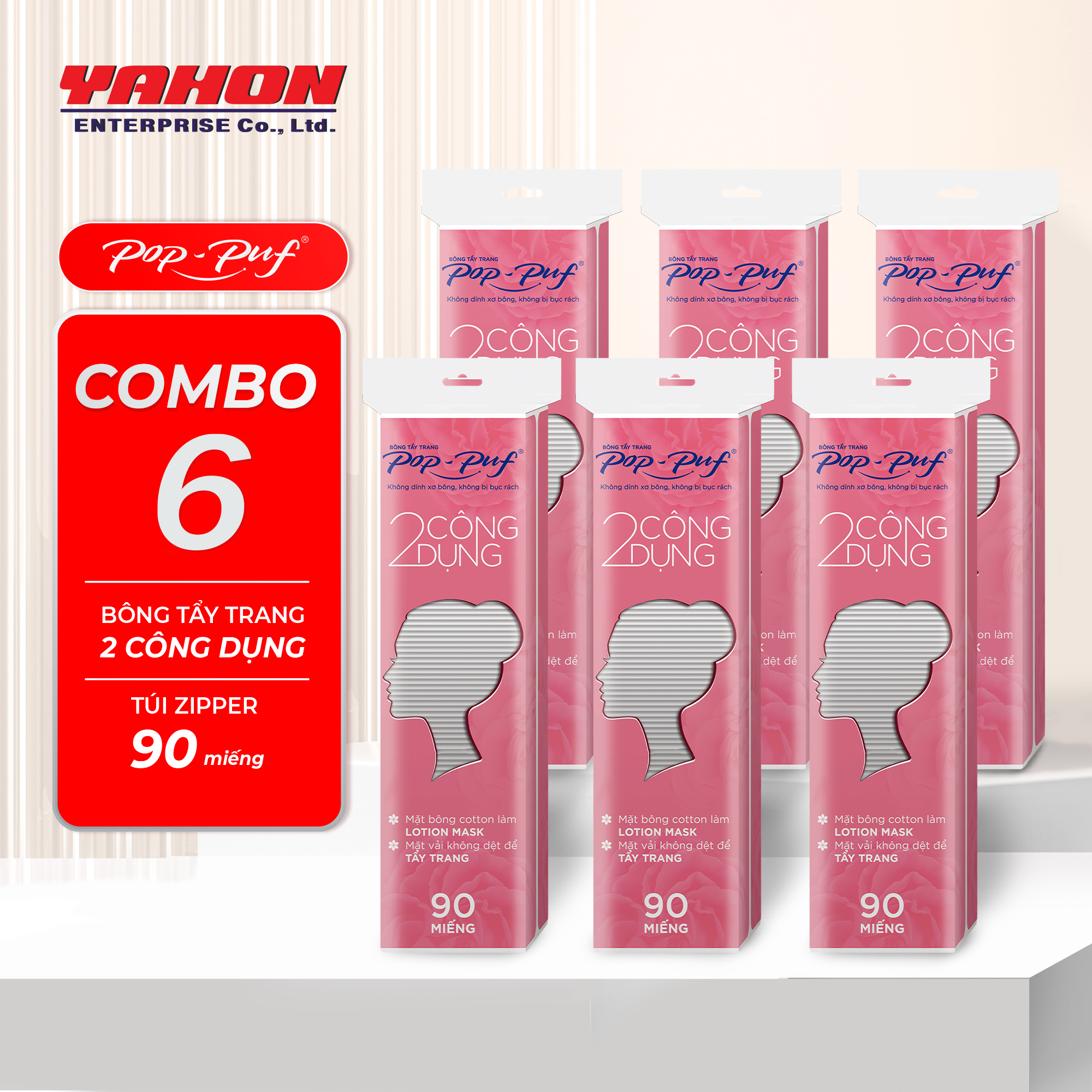 Combo 6 Bao Bông Tẩy Trang POP-PUF 2 Công Dụng Bao Zipper, 90 Miếng/Bao