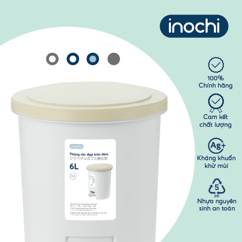 Thùng rác đạp tròn Inochi - Hiro 6L Thân Ghi sữa+ Nắp Ghi sữa/Xanh nhật
