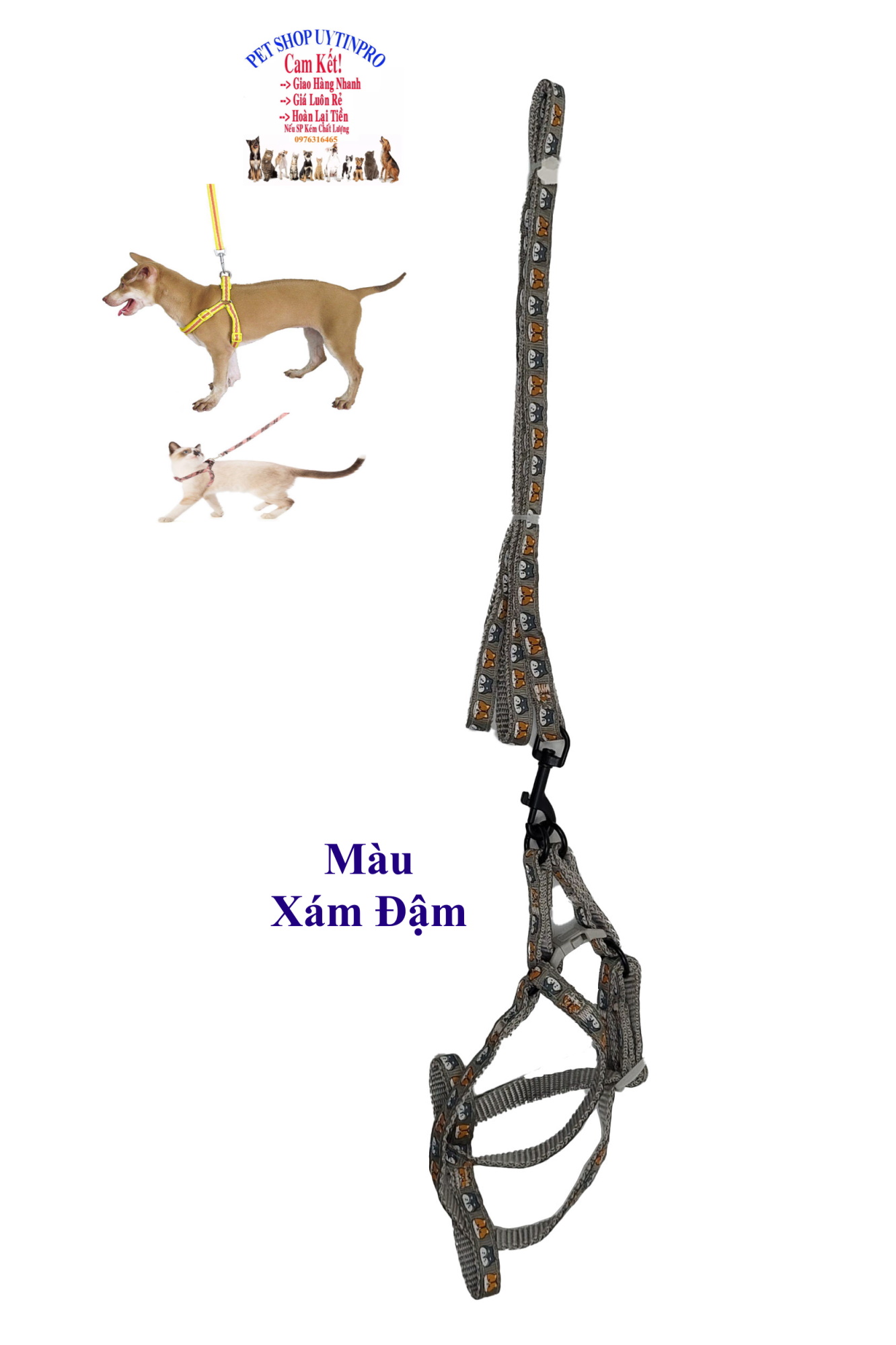 Dây dắt kèm yếm cho Chó Mèo Từ 1kg đến 5kg Bản rộng 1cm In HÌNH ĐẦU THÚ Chất liệu dù Chắc chắn, Yếm có thể điều chỉnh