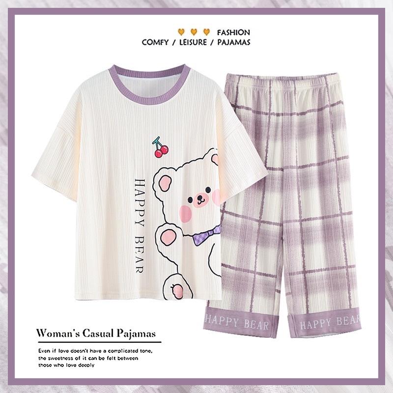 Bộ Mặc Nhà Pyjama Lửng Cộc Tay Cổ Tròn Cotton Co Dãn Mềm Mại