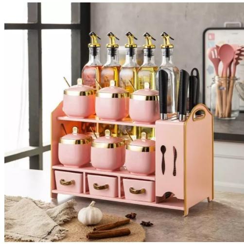 Bộ đựng gia vị gốm sứ, thủy tinh 3 tầng kèm kệ sắt sơn tĩnh điện đựng gia vị hiện đại, sang trọng