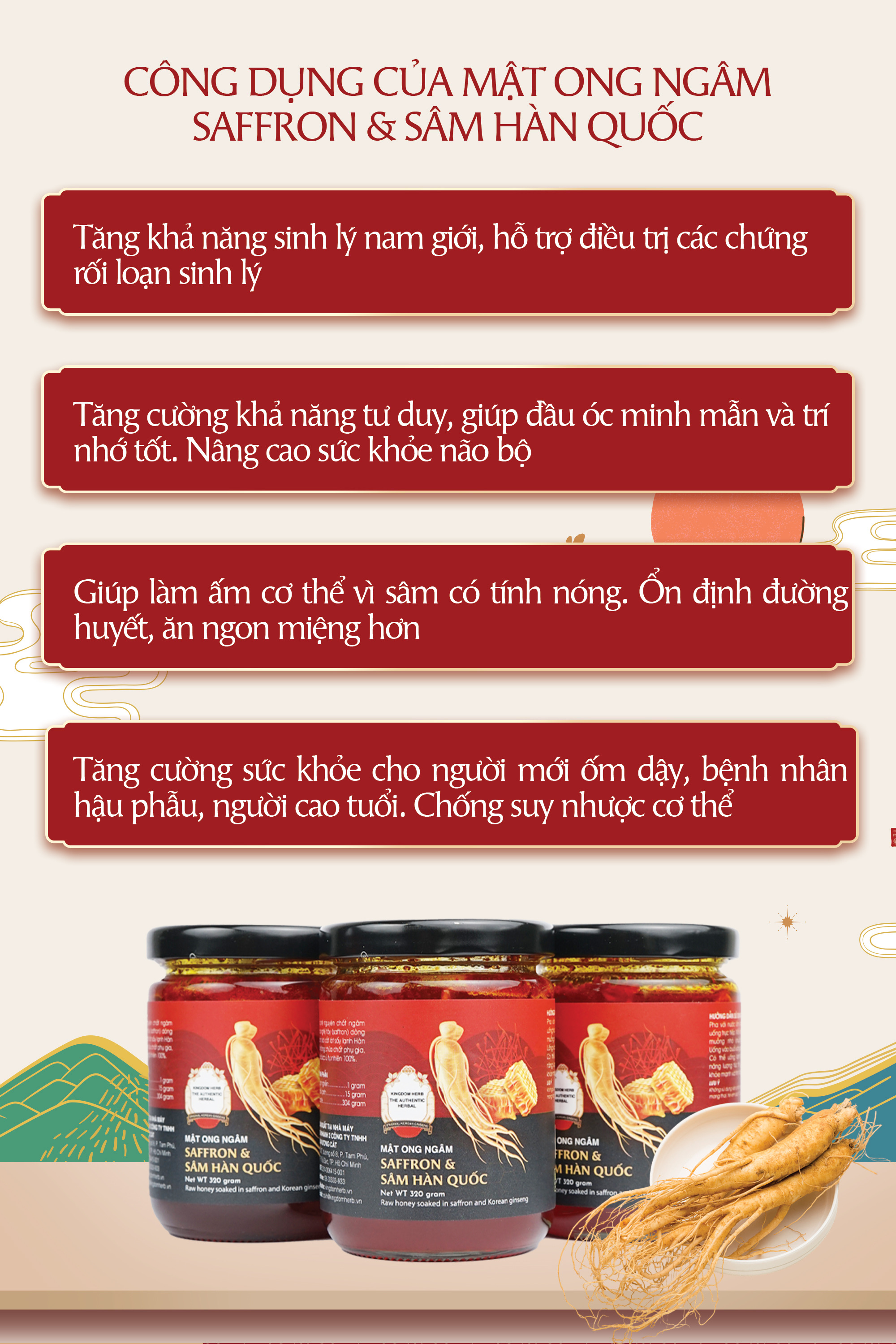 Sâm mật ong saffron Kingdom Herb chính hãng thượng hạng hộp 320g (tặng que lấy mật và bình thuỷ tinh)