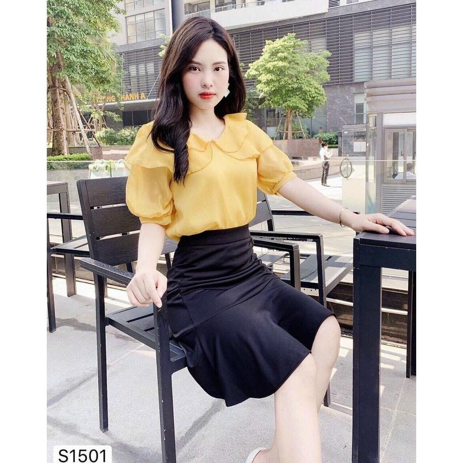 Set bộ, Set bộ áo lụa cổ bèo kèm chân váy nhún siêu xinh