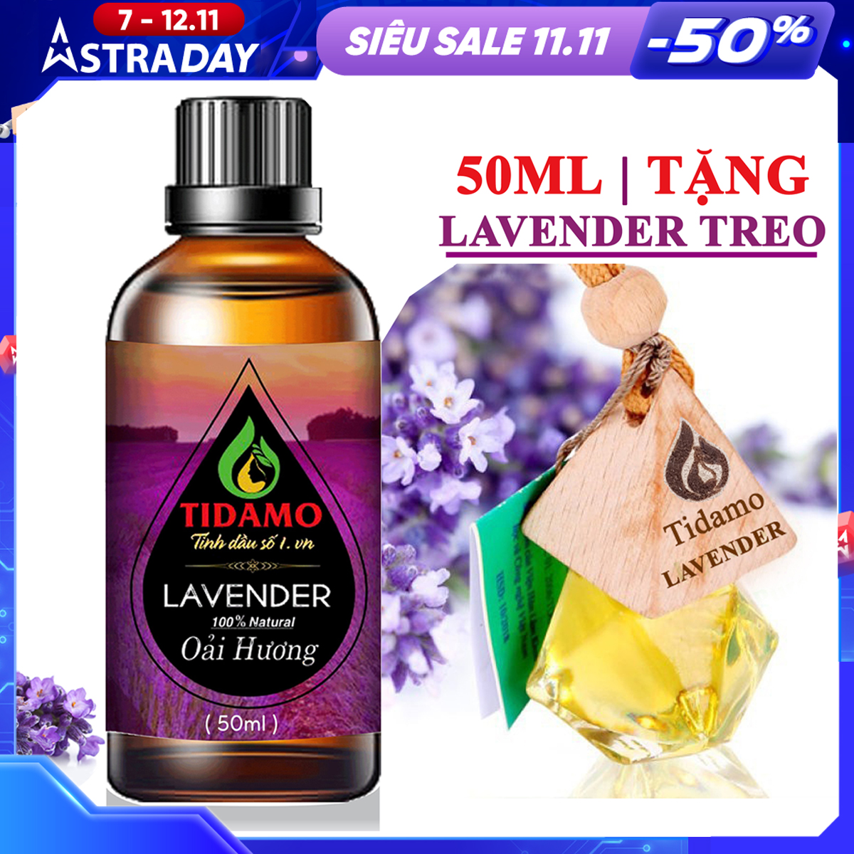 Combo Tinh Dầu Oải Hương 50ML + Tinh Dầu Treo Phòng, Treo Xe Oải Hương (Lavender) Chính Hãng TIDAMO Giúp Xông Phòng Thư giản, Kháng Khuẩn Và Bảo Vệ Sức Khỏe