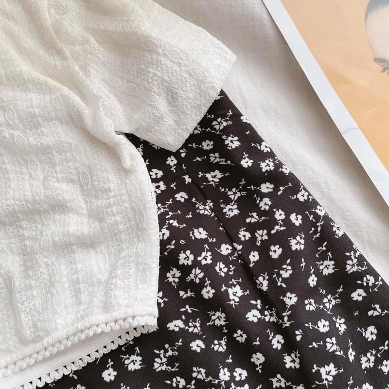 Set Áo Croptop Trắng Thêu Nổi + Chân Váy Midi Hoa - Kèm Ảnh Thật