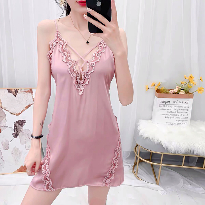 Váy ngủ cổ V khoét sâu dây đan chéo ngực kèm mút ngực sexy Q144 - Đầm ngủ lụa kèm mút ngực gợi cảm - Đầm ngủ