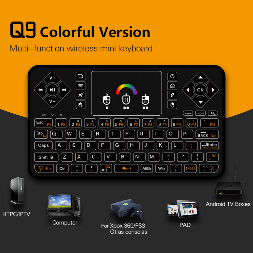 Bàn Phím Không Dây Q9 2.4g RF Với Chuột Điều Khiển Từ Xa Cầm Tay Và Bàn Di Chuột Đèn LED Dành Cho AnDroid TV Box