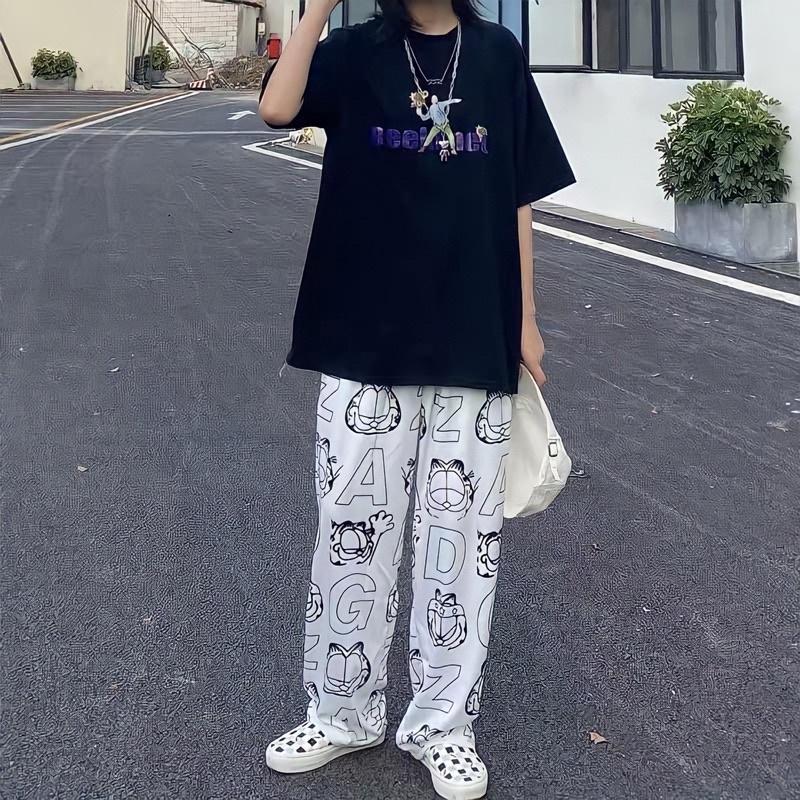 Quần Jogger Thun Unisex có dây rút HOẠ TIẾT MÈO màu ĐEN/TRẮNG ️